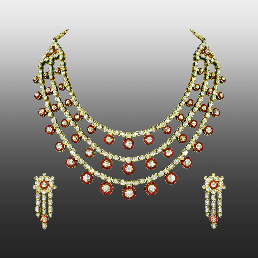 Layered Polki Necklace Set with Red Enamel and Circular Motifs
